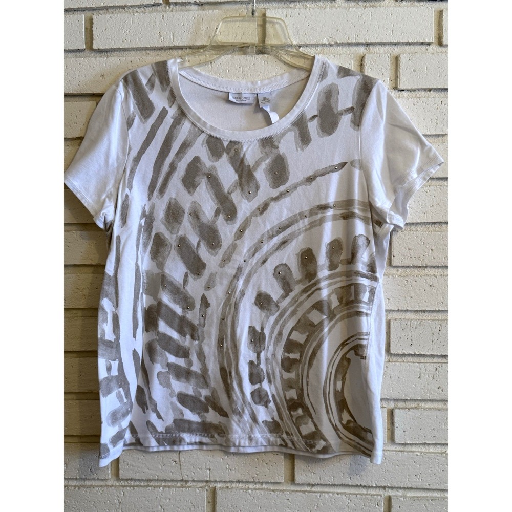 Weekends by Chicos 2 Short Sleeve White Striped Beaded T-shirt Tee Size Large